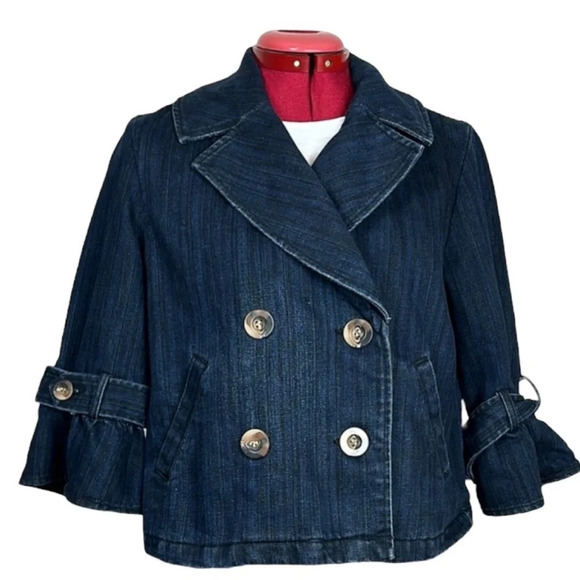 Live a Little dark blue, double breasted, cropped swing denim back pleat jacket - Picture 1 of 7